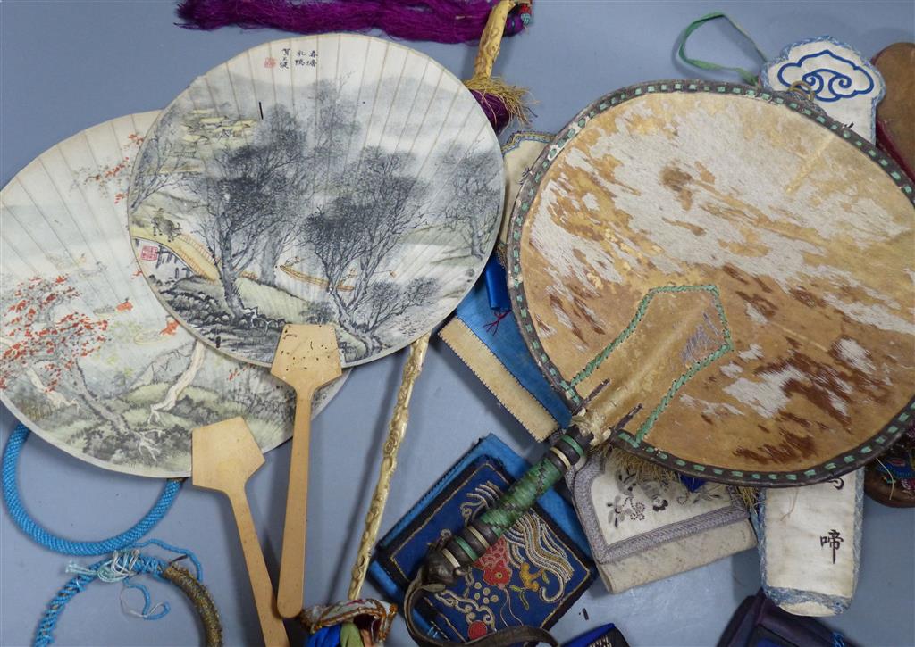 A Chinese ivory handled silk fly whisk, fan cases, fans, beaded shoes etc.